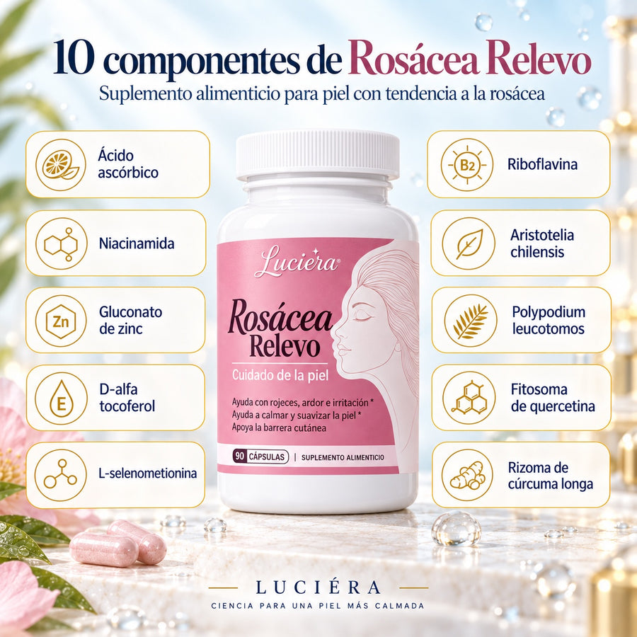 10 componentes de Rosácea Relevo: ácido ascórbico, niacinamida, gluconato de zinc, D-alfa tocoferol, L-selenometionina, riboflavina, Aristotelia chilensis, Polypodium leucotomos, fitosoma de quercetina y rizoma de cúrcuma longa
